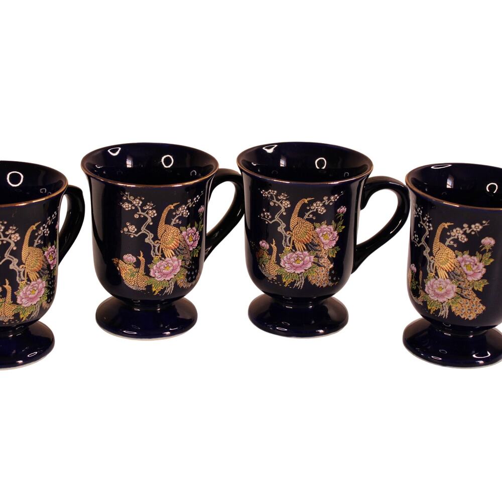 YChina Japan Pedestal Mug SET of 4 Cobalt Blue Peacock And Floral Pattern
